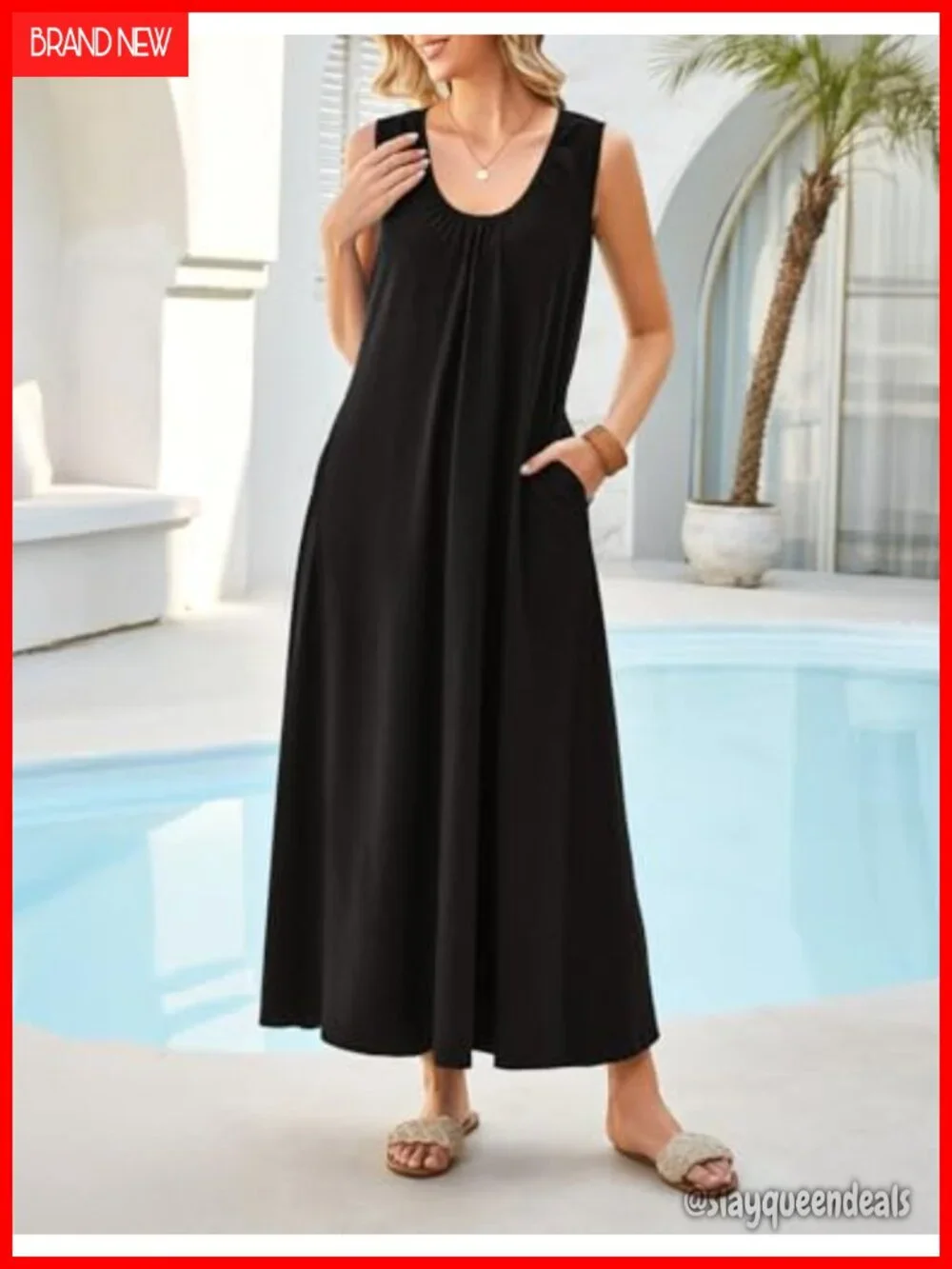 Summer Boho Maxi Dress Sleeveless Loose Tank Dress with Pockets